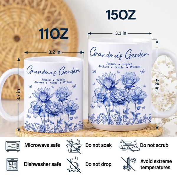 Grandma's Garden Toile Birth Flower - Personalized White Edge-to-Edge Mug