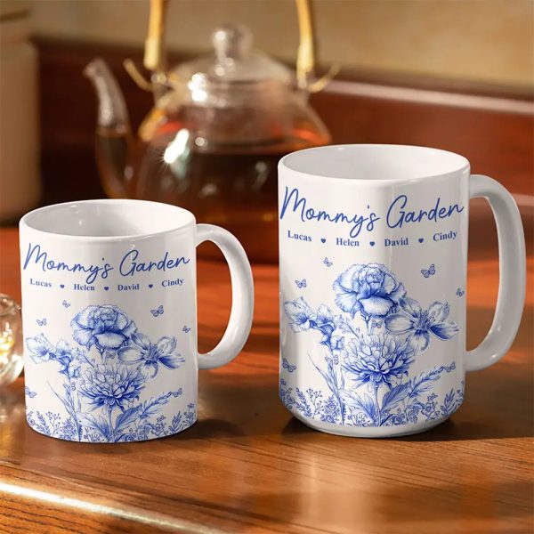 Grandma's Garden Toile Birth Flower - Personalized White Edge-to-Edge Mug