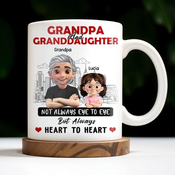 Grandpa And Granddaughter, Not Always Eye To Eye But Always Heart To Heart, Cartoon Characters and City Skyline - Personalized Custom Coffee Mug - GRP023_MG