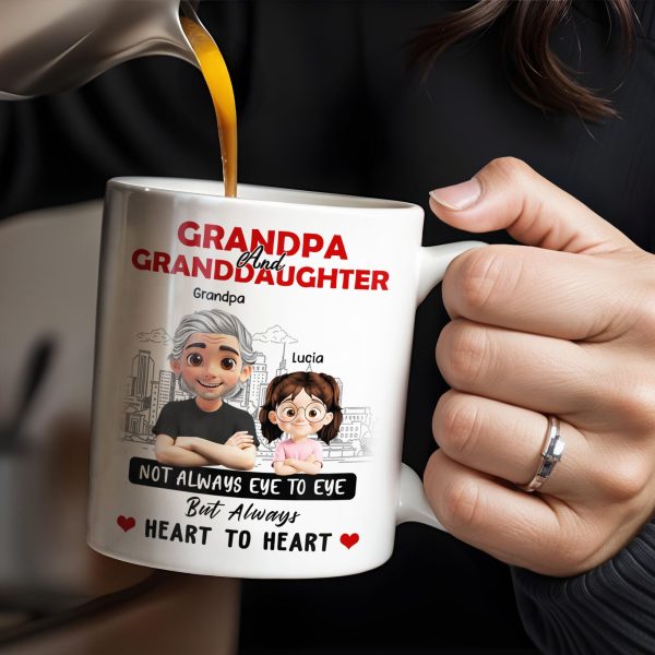 Grandpa And Granddaughter, Not Always Eye To Eye But Always Heart To Heart, Cartoon Characters and City Skyline - Personalized Custom Coffee Mug - GRP023_MG
