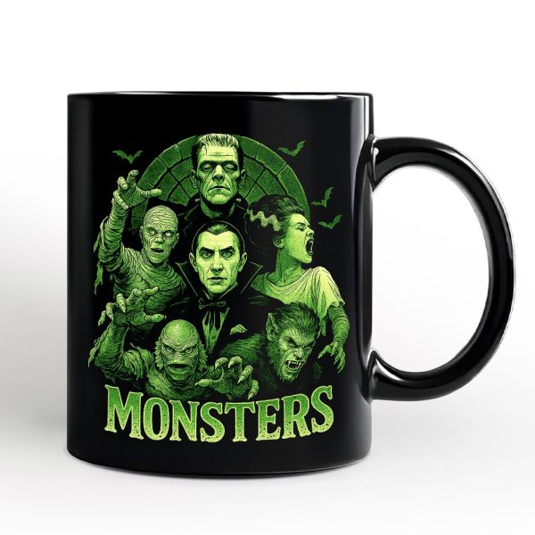 Green Retro Monsters Personalized Mug, Vintage Classic Horror Halloween Gift with Custom Name