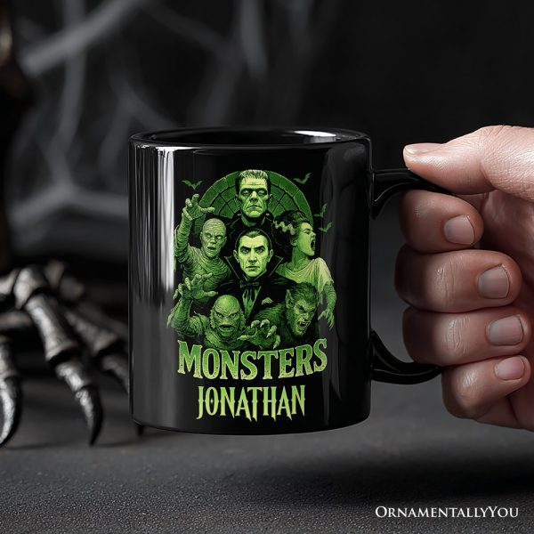 Green Retro Monsters Personalized Mug, Vintage Classic Horror Halloween Gift with Custom Name