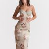 Green Satin Floral Print Bodycon Midi Dress