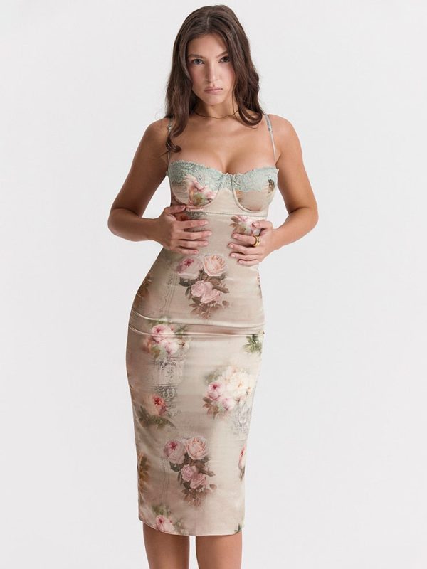 Green Satin Floral Print Bodycon Midi Dress