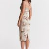 Green Satin Floral Print Bodycon Midi Dress