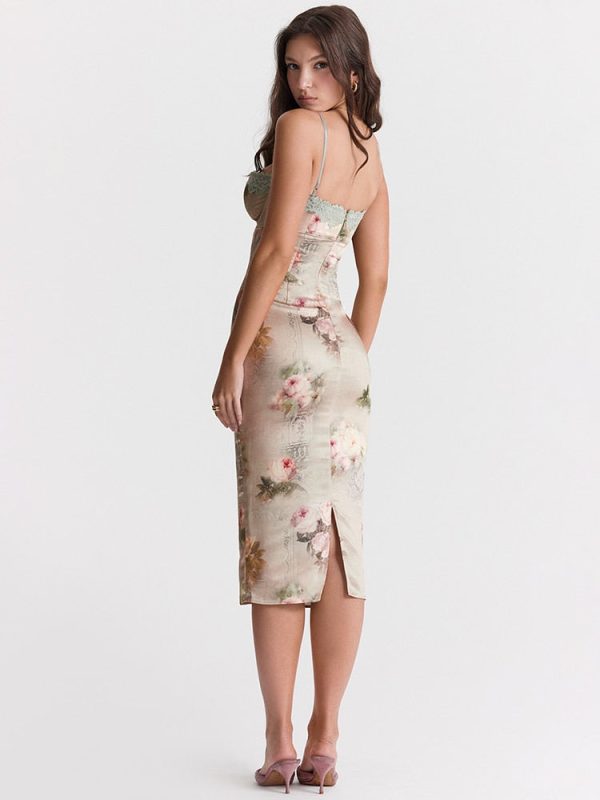 Green Satin Floral Print Bodycon Midi Dress