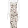 Green Satin Floral Print Bodycon Midi Dress