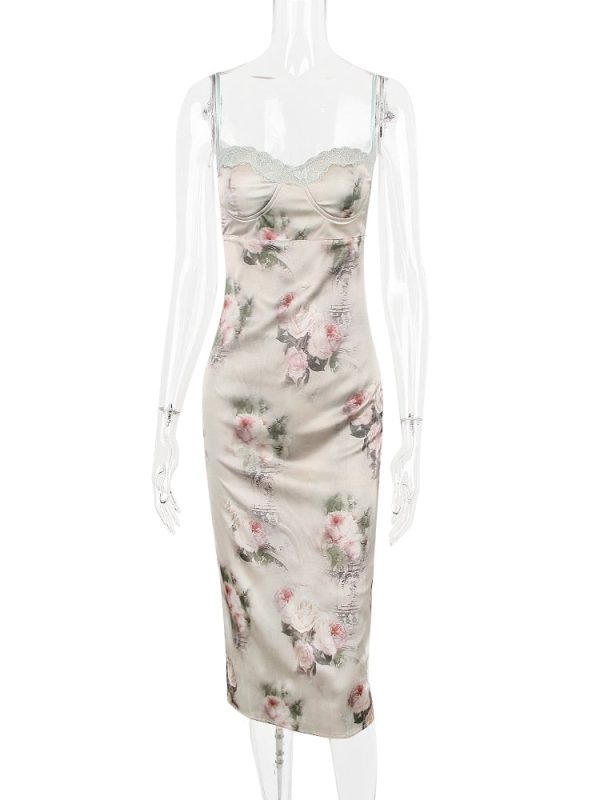 Green Satin Floral Print Bodycon Midi Dress