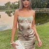 Green Satin Floral Print Bodycon Midi Dress