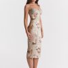 Green Satin Floral Print Bodycon Midi Dress