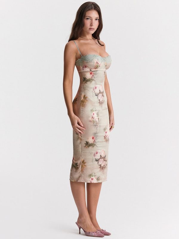 Green Satin Floral Print Bodycon Midi Dress