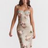 Green Satin Floral Print Bodycon Midi Dress