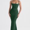 Green Satin Strappy Corset Maxi Dress
