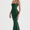 Green Satin Strappy Corset Maxi Dress