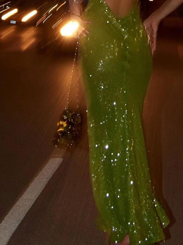 Green Sequin Backless Maxi Dress