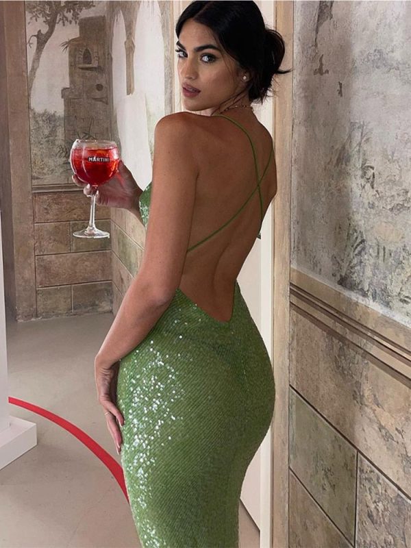Green Sequin Backless Maxi Dress