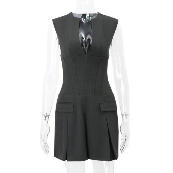 Grey Deep V-neck Sleeveless Pleated Mini Dress