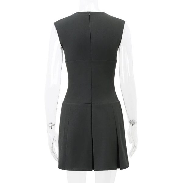 Grey Deep V-neck Sleeveless Pleated Mini Dress