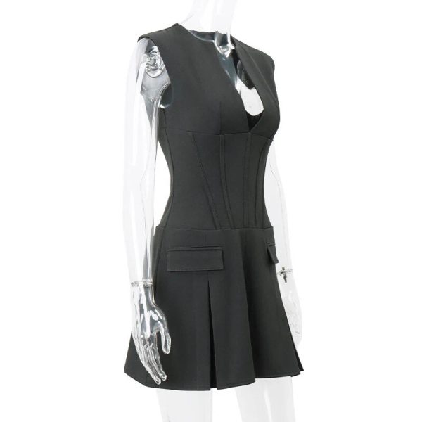 Grey Deep V-neck Sleeveless Pleated Mini Dress