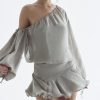 Grey Long Puff Sleeve Off-shoulder Mini Dress