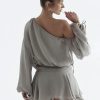 Grey Long Puff Sleeve Off-shoulder Mini Dress