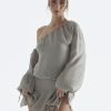 Grey Long Puff Sleeve Off-shoulder Mini Dress
