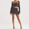 Grey Long Sleeve Crop Top And Mini Skirt Wrap Set