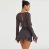 Grey Long Sleeve Crop Top And Mini Skirt Wrap Set