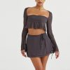 Grey Long Sleeve Crop Top And Mini Skirt Wrap Set