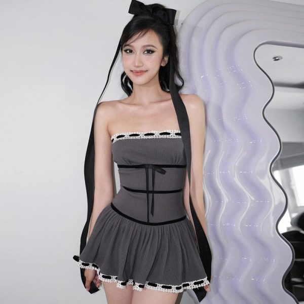 Grey Tube Lace Strap Mini Dress
