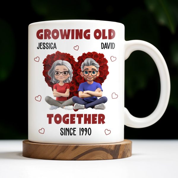 Growing Old Together Hearts and Cartoon Couple Design - Personalized Custom Coffee Mug - CPL996_MG