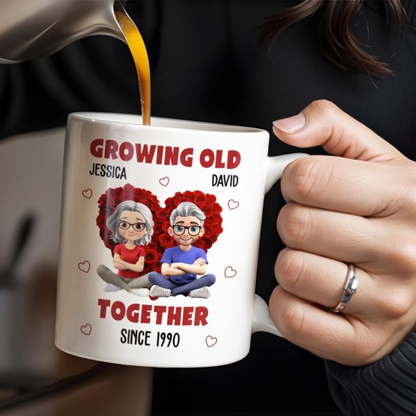 Growing Old Together Hearts and Cartoon Couple Design - Personalized Custom Coffee Mug - CPL996_MG