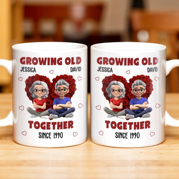 Growing Old Together Hearts and Cartoon Couple Design - Personalized Custom Coffee Mug - CPL996_MG
