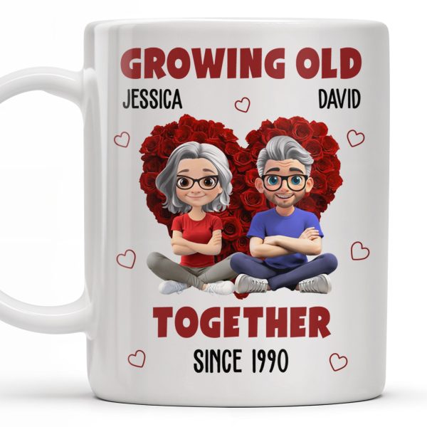 Growing Old Together Hearts and Cartoon Couple Design - Personalized Custom Coffee Mug - CPL996_MG