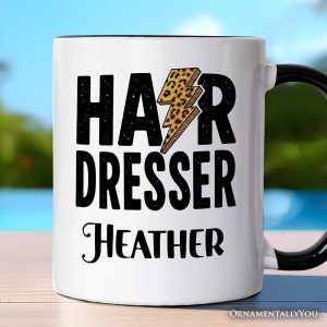 Hairdresser Leopard Lightning Pesonalized Mug, Retro Stylist Gift with Custom Name