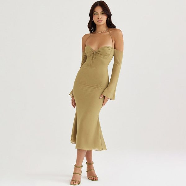 Halter Off Shoulder Long Sleeve Midi Dresses