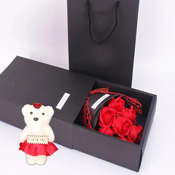 Handmade 7-Rose Soap Bouquet with Little Bear Gift Box for Valentine’s Day and Special Occasions