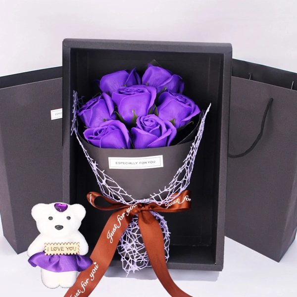 Handmade 7-Rose Soap Bouquet with Little Bear Gift Box for Valentine’s Day and Special Occasions