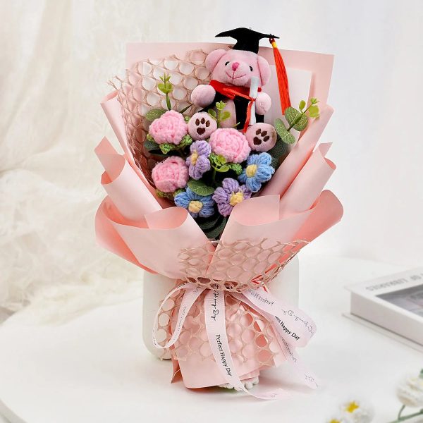 Handmade Crochet Flower Bouquet with Sunflower, Rose, and Bear – Gift for Graduation, Birthday, or Christmas