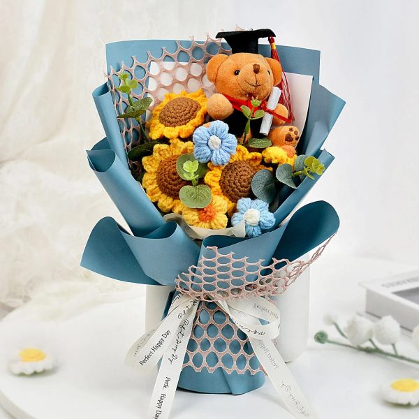 Handmade Crochet Flower Bouquet with Sunflower, Rose, and Bear – Gift for Graduation, Birthday, or Christmas