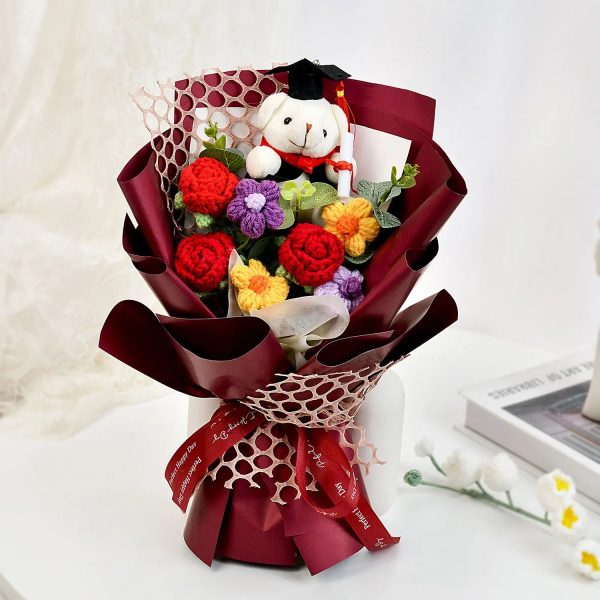 Handmade Crochet Flower Bouquet with Sunflower, Rose, and Bear – Gift for Graduation, Birthday, or Christmas