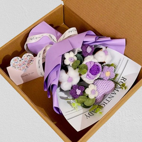 Handmade Crochet Pink and Purple Rose Bouquet Knitted Artificial Flowers Gift for Girlfriend