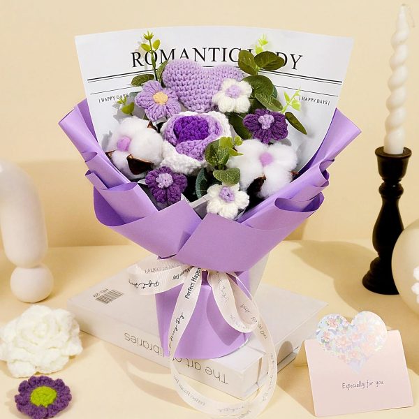 Handmade Crochet Pink and Purple Rose Bouquet Knitted Artificial Flowers Gift for Girlfriend
