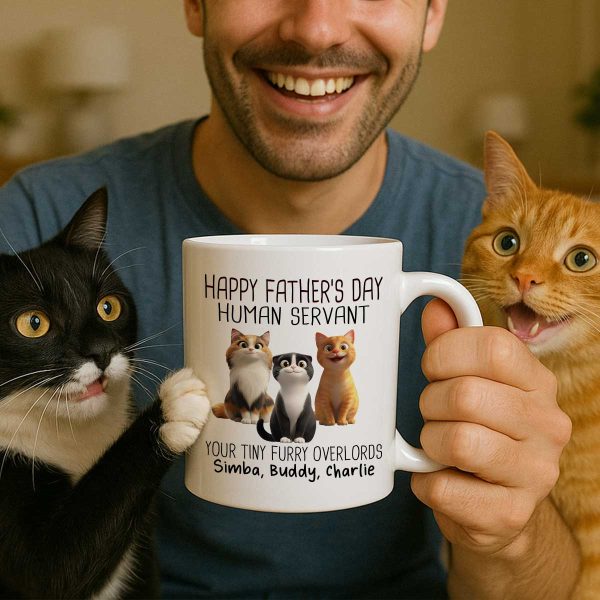 Happy Father's Day Human Servant Cartoon Funny Cats Personalized Mug, Gift For Cat Dad