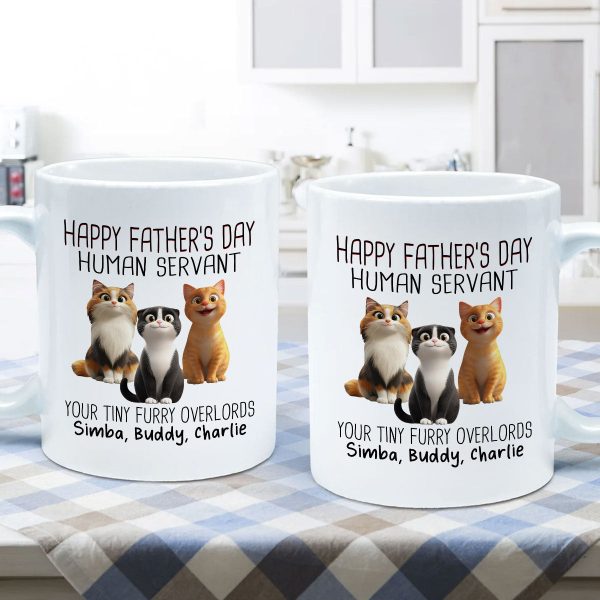 Happy Father's Day Human Servant Cartoon Funny Cats Personalized Mug, Gift For Cat Dad