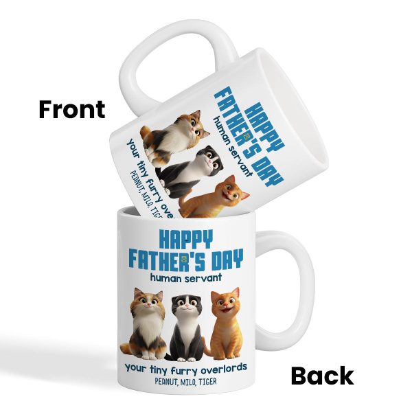 Happy Father's Day Human Servant Personalized Mug, Cute Cartoon Cats, Unique Father's Day Gift for Cat Dads