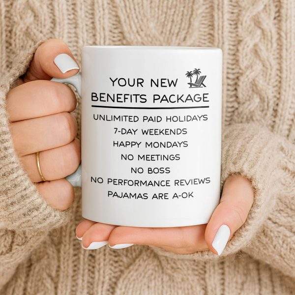 Happy Retirement Our New Benefits Package With Beach Chair And Palm Trees - Personalized Custom Coffee Mug - RETIRE031_MG