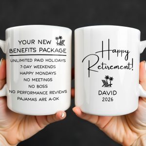 Happy Retirement Our New Benefits Package With Beach Chair And Palm Trees - Personalized Custom Coffee Mug - RETIRE031_MG