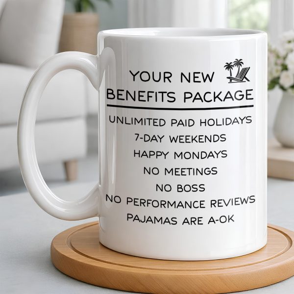 Happy Retirement Our New Benefits Package With Beach Chair And Palm Trees - Personalized Custom Coffee Mug - RETIRE031_MG