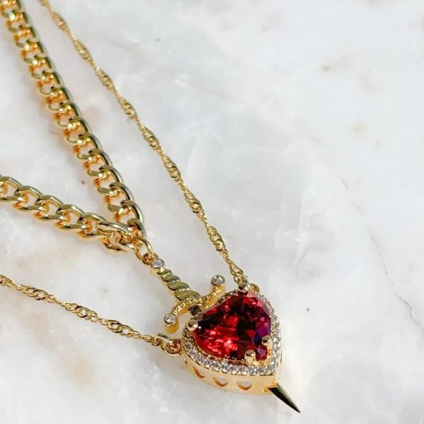 Heart and Sword Zircon Pendant Necklace Set